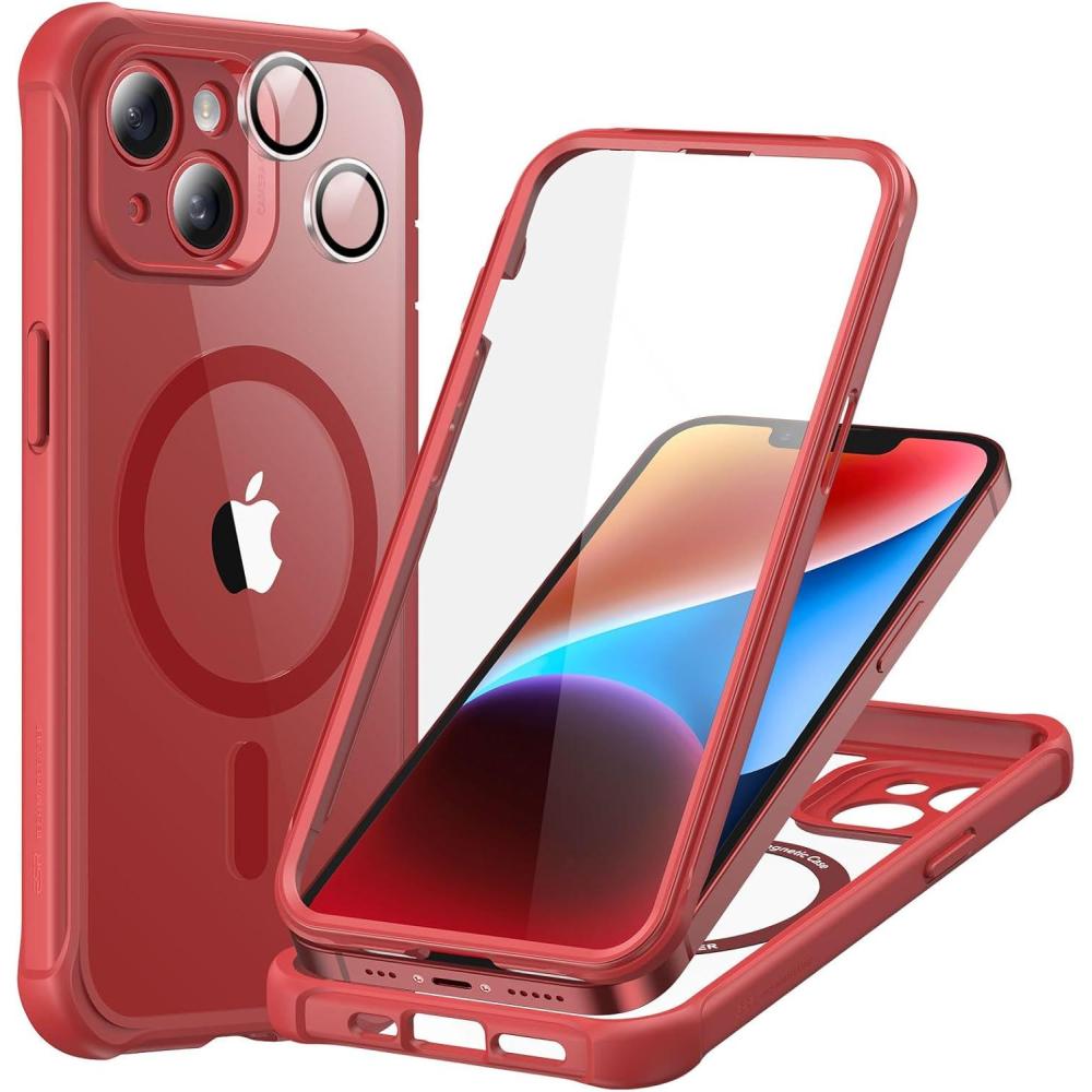 imageESR for iPhone 14 Pro Max Case Compatible with MagSafe FullBody MilitaryGrade Drop Proof Case for iPhone 14 Pro Max with Builtin 9H Tempered Glass Screen Protector Clear BlackClear Red