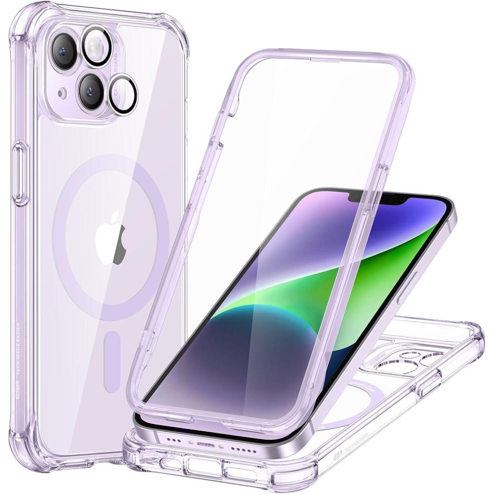 imageESR for iPhone 14 Pro Max Case Compatible with MagSafe FullBody MilitaryGrade Drop Proof Case for iPhone 14 Pro Max with Builtin 9H Tempered Glass Screen Protector Clear BlackClear Purple