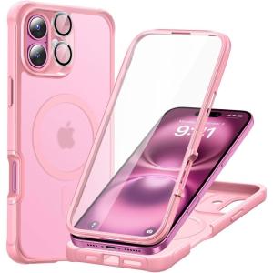 ESR for iPhone 14 Pro Max Case, Compatible with MagSafe, Full-Body Military-Grade Drop Proof Case for iPhone 14 Pro Max with Built-in 9H+ Tempered Glass Screen Protector, Clear Black(Frosted Pink)