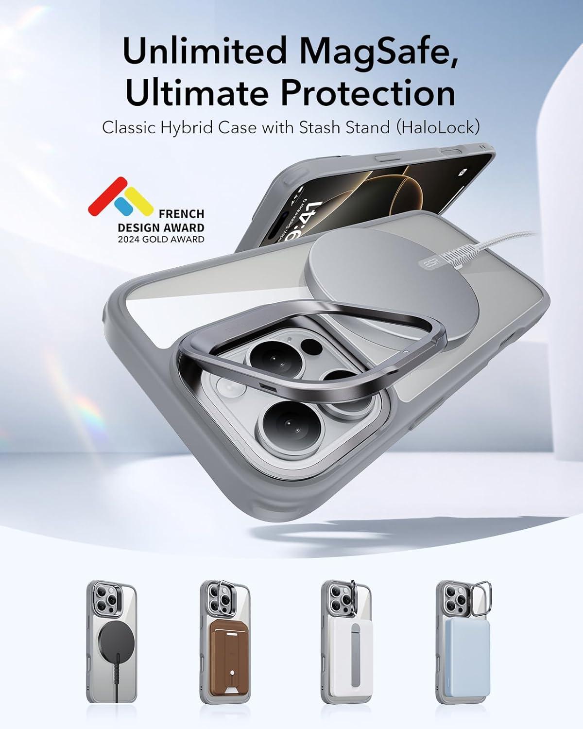 imageESR for iPhone 16 Plus Case Compatible with MilitaryGrade Protective Case Builtin Stash Stand Phone Case ScratchResistant Back Cover Classic Series Clear GreenBClear Grey