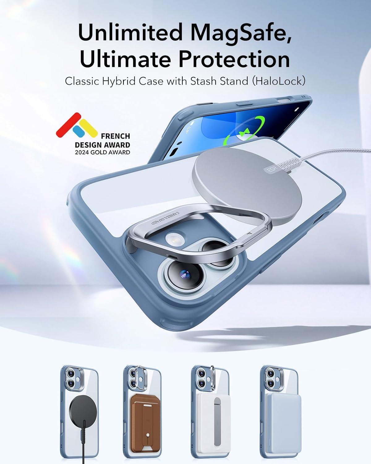 imageESR for iPhone 16 Plus Case Compatible with MilitaryGrade Protective Case Builtin Stash Stand Phone Case ScratchResistant Back Cover Classic Series Clear GreenBClear Blue