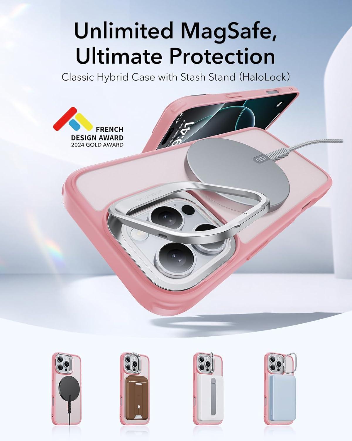 imageESR for iPhone 16 Plus Case Compatible with MilitaryGrade Protective Case Builtin Stash Stand Phone Case ScratchResistant Back Cover Classic Series Clear GreenCFrosted Pink