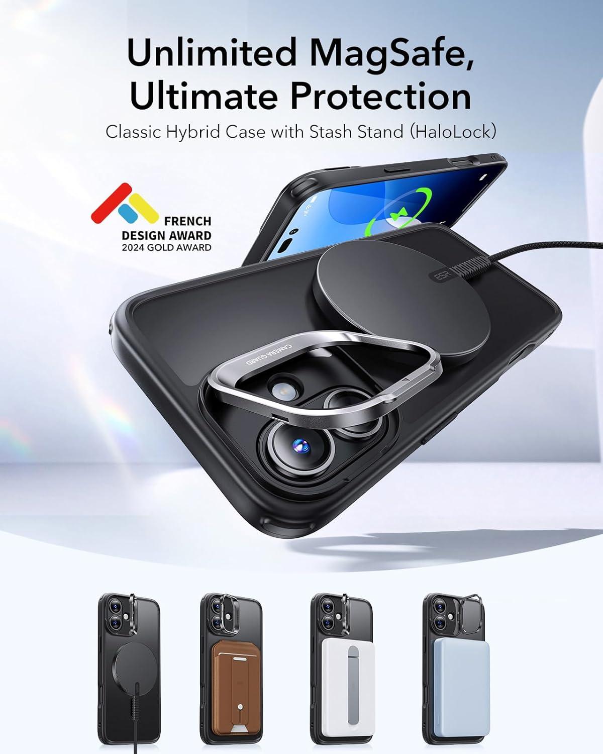 imageESR for iPhone 16 Plus Case Compatible with MilitaryGrade Protective Case Builtin Stash Stand Phone Case ScratchResistant Back Cover Classic Series Clear GreenCFrosted Black