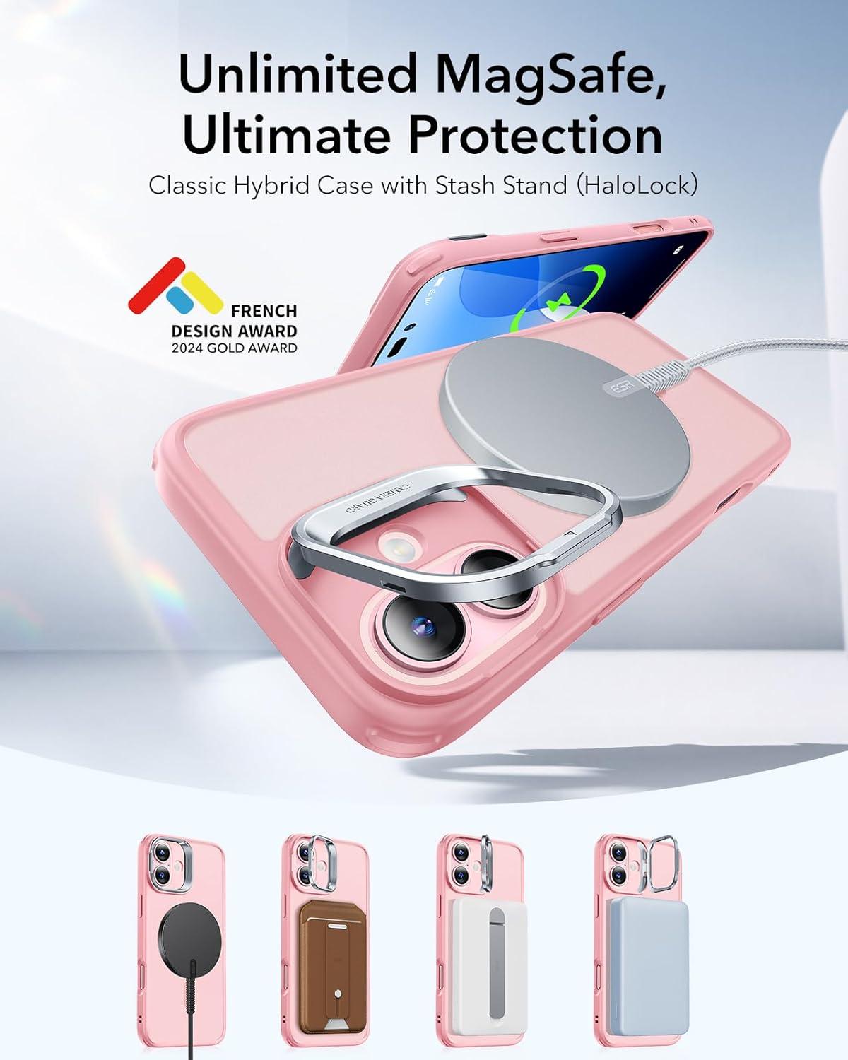 imageESR for iPhone 16 Plus Case Compatible with MilitaryGrade Protective Case Builtin Stash Stand Phone Case ScratchResistant Back Cover Classic Series Clear GreenCFrosted Pink