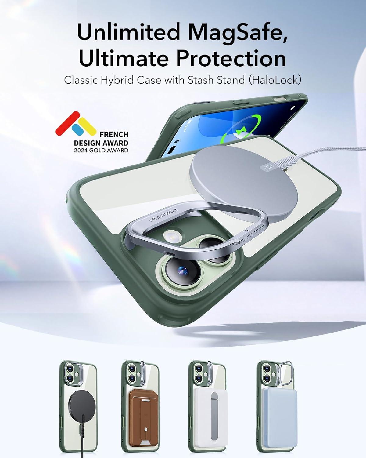 imageESR for iPhone 16 Plus Case Compatible with MilitaryGrade Protective Case Builtin Stash Stand Phone Case ScratchResistant Back Cover Classic Series Clear GreenBClear Green