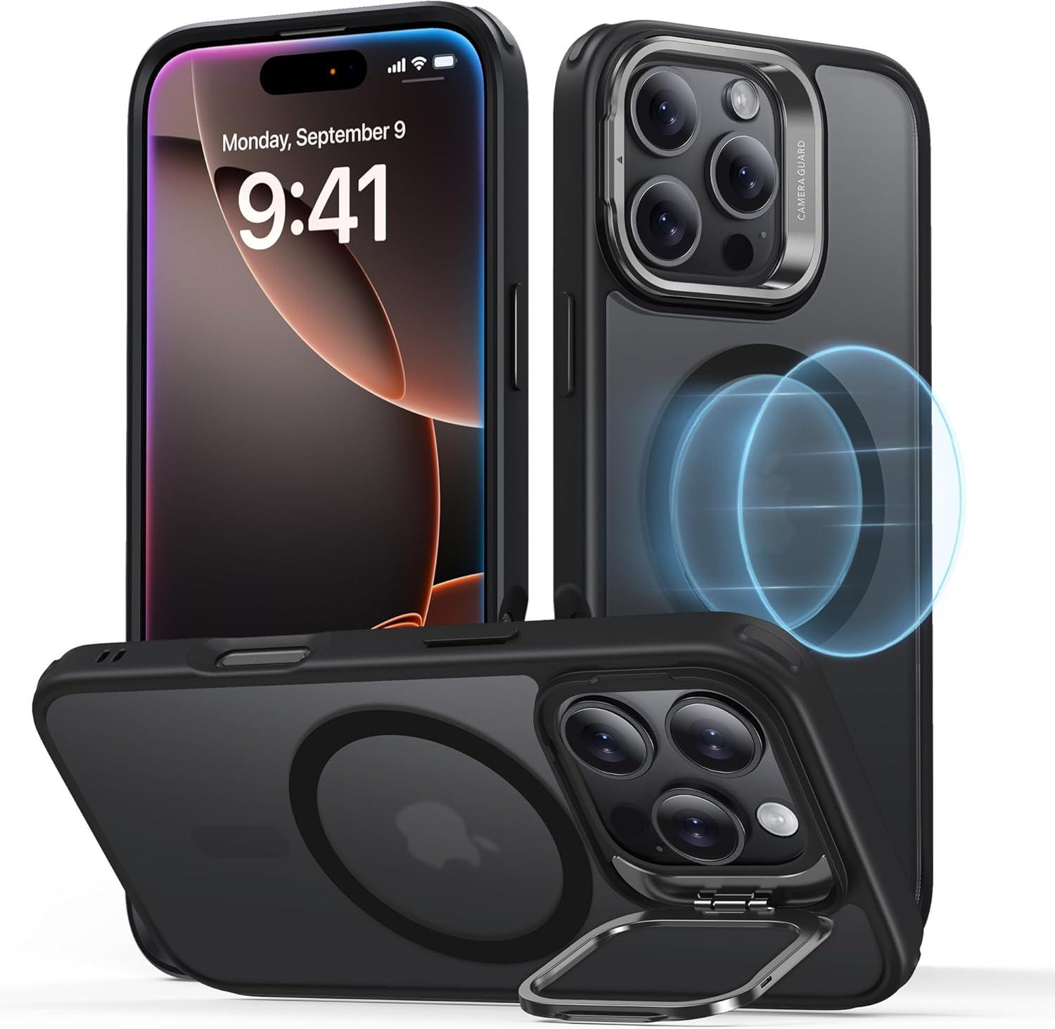 imageESR for iPhone 16 Plus Case Compatible with MilitaryGrade Protective Case Builtin Stash Stand Phone Case ScratchResistant Back Cover Classic Series Clear GreenCFrosted Black