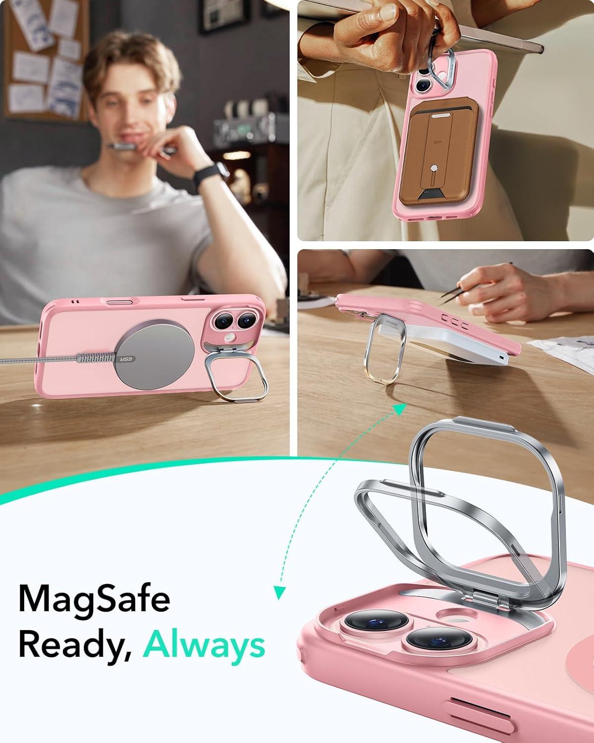 imageESR for iPhone 16 Plus Case Compatible with MilitaryGrade Protective Case Builtin Stash Stand Phone Case ScratchResistant Back Cover Classic Series Clear GreenCFrosted Pink