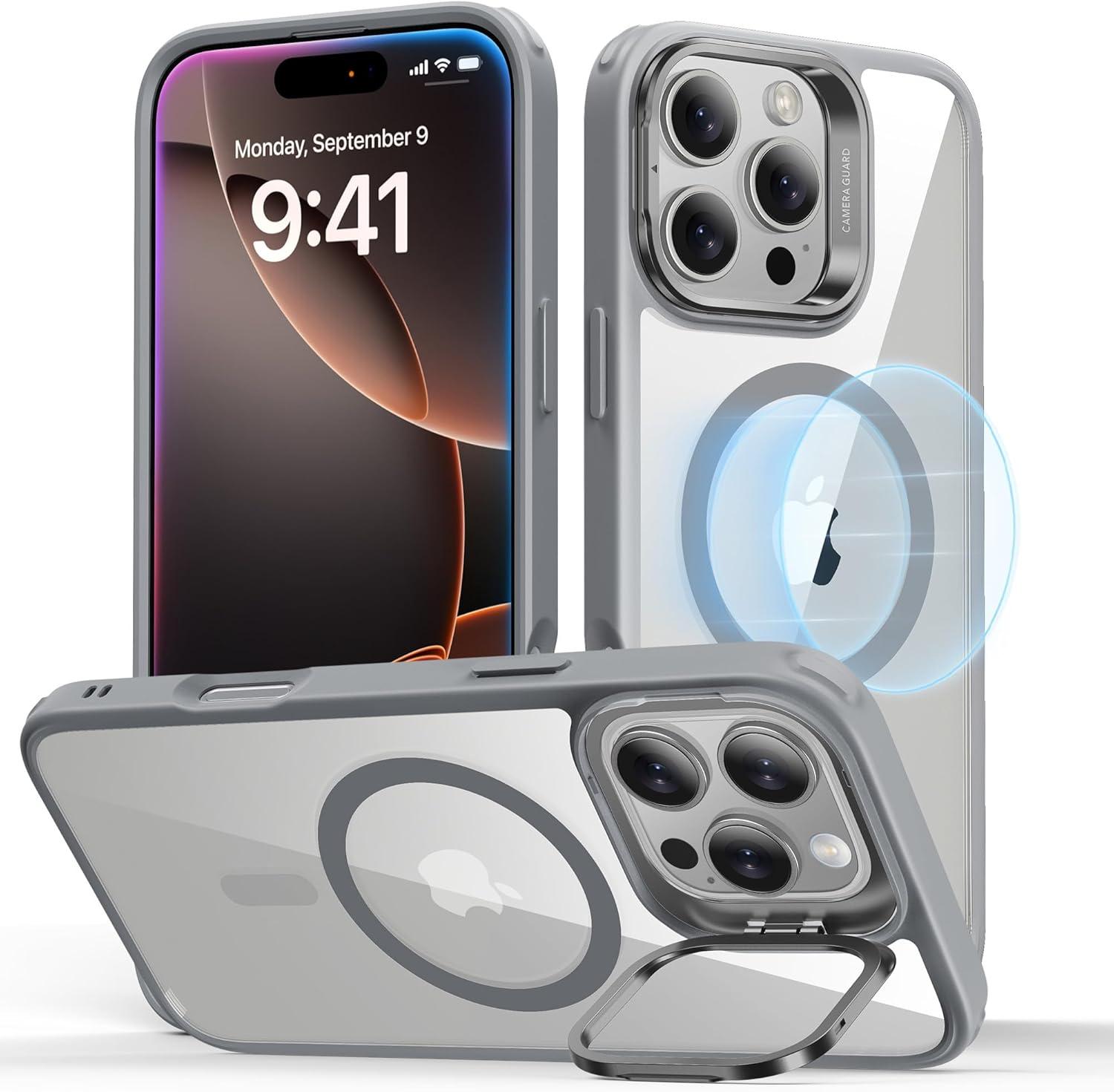 imageESR for iPhone 16 Plus Case Compatible with MilitaryGrade Protective Case Builtin Stash Stand Phone Case ScratchResistant Back Cover Classic Series Clear GreenBClear Grey