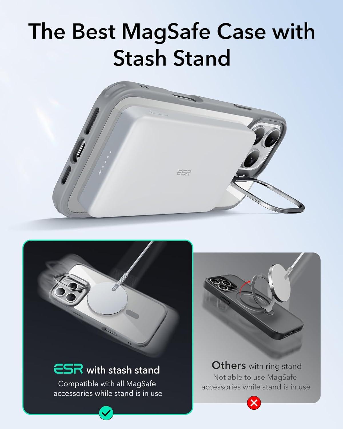 imageESR for iPhone 16 Plus Case Compatible with MilitaryGrade Protective Case Builtin Stash Stand Phone Case ScratchResistant Back Cover Classic Series Clear GreenBClear Grey