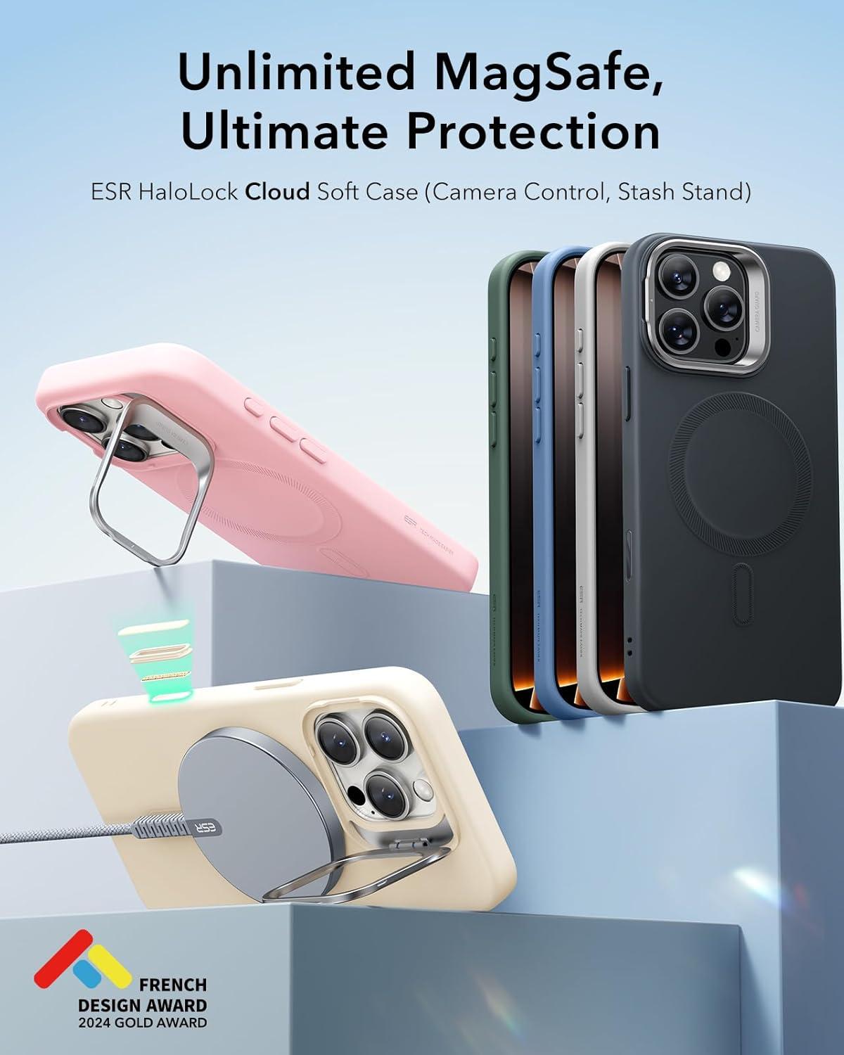 imageESR for iPhone 16 Pro Case Silicone Case with Stand Compatible with MagSafe MilitaryGrade Protection Builtin Camera Stash Stand Magnetic Phone Case for iPhone 16 Pro Cloud Series Light Blue