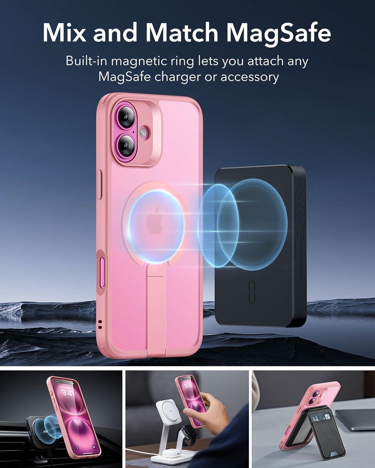 imageESR for iPhone 16 Pro Case with Stand Compatible with MagSafe Magnetic Kickstand Case for iPhone 16 Pro MilitaryGrade Protection Shockproof Case Boost Series Clear GreyMagsafe Frosted Pink