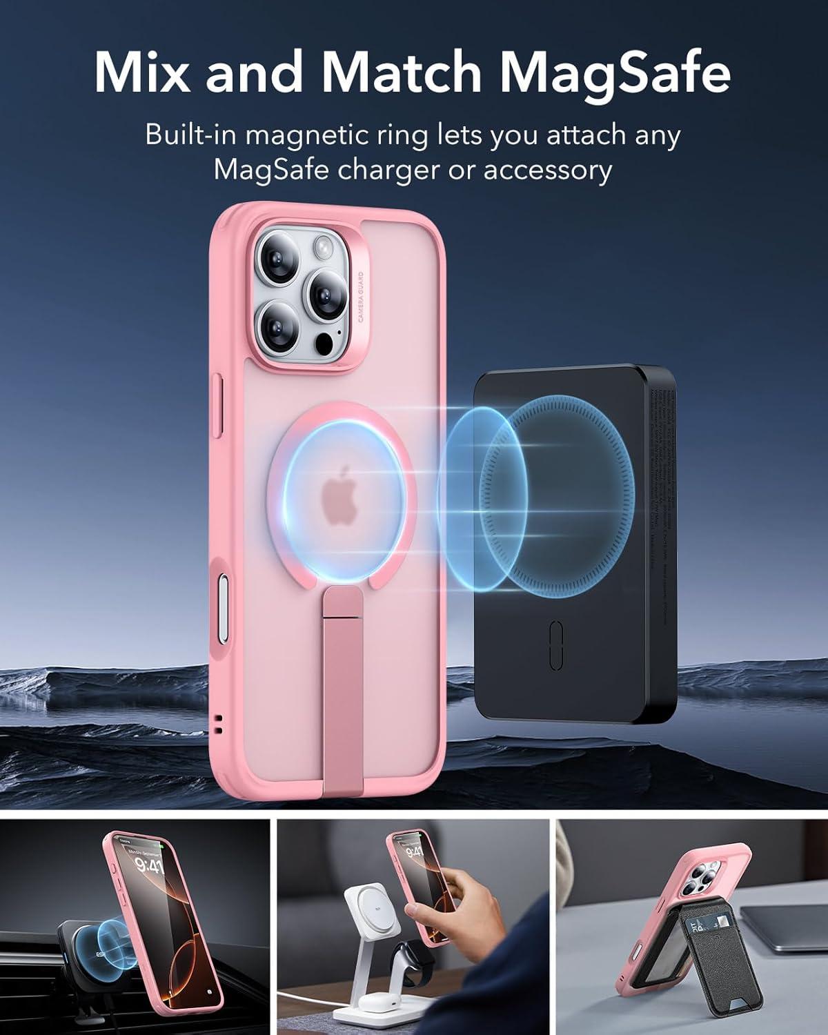 imageESR for iPhone 16 Pro Case with Stand Compatible with MagSafe Magnetic Kickstand Case for iPhone 16 Pro MilitaryGrade Protection Shockproof Case Boost Series Clear GreyMagsafe Frosted Pink