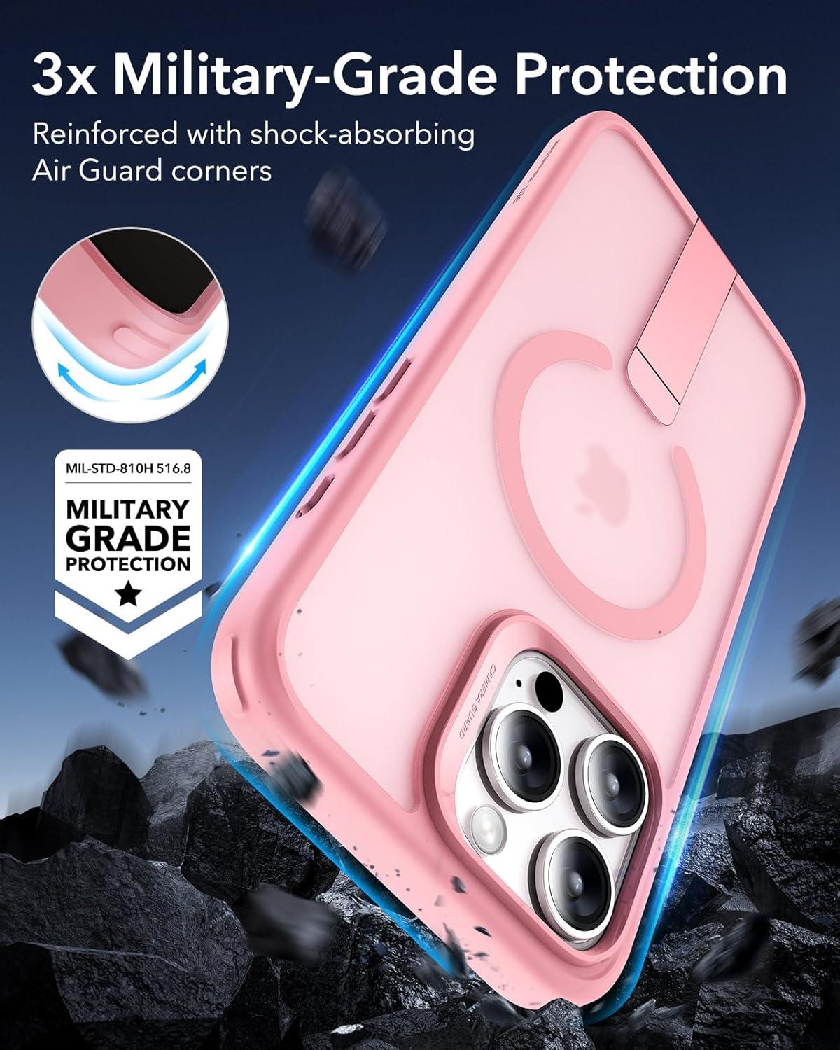imageESR for iPhone 16 Pro Case with Stand Compatible with MagSafe Magnetic Kickstand Case for iPhone 16 Pro MilitaryGrade Protection Shockproof Case Boost Series Clear GreyMagsafe Frosted Pink