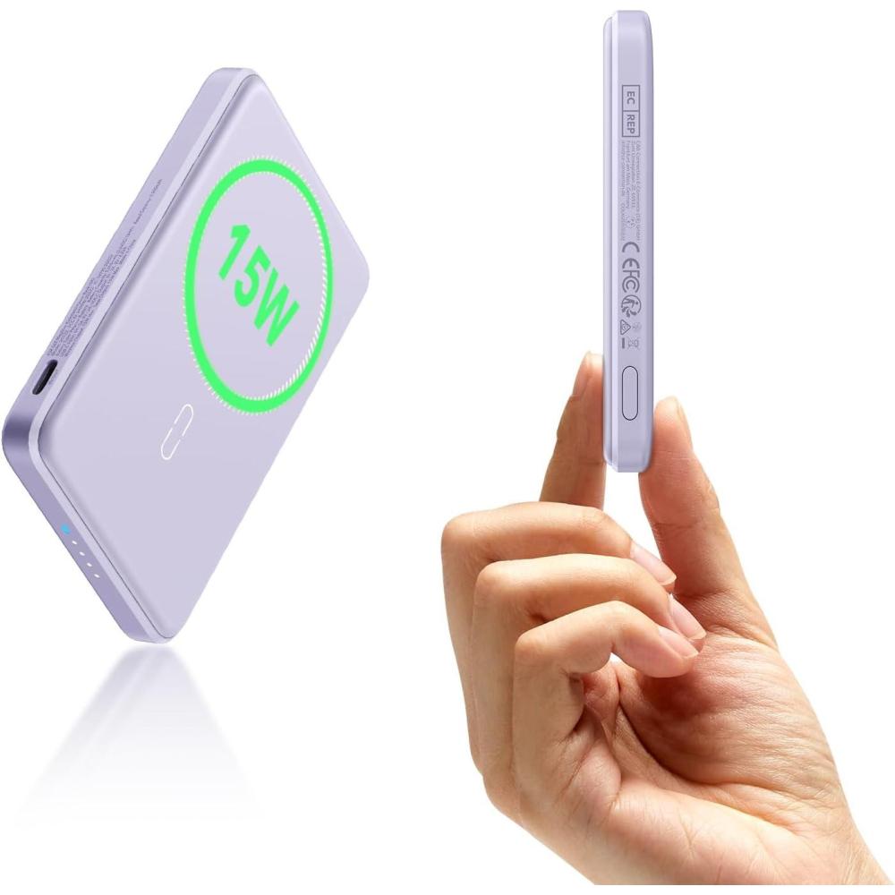 imageESR for MagSafe Power Bank 055 in UltraCompact 5000mAh MagSafe Portable Charger15W UltraFast Battery Pack 20W USBC MagSlim Charger with Cable for iPhone 171615141312Lavender15W 5000mAhLavender
