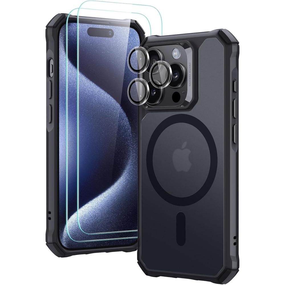 imageESR for iPhone 15 Pro Case Compatible with MagSafe Set with 2 Screen Protectors and Single Lens Protectors Air Guard Corners YellowingResistant Acrylic Back Air Armor Series ClearFrosted Black Set