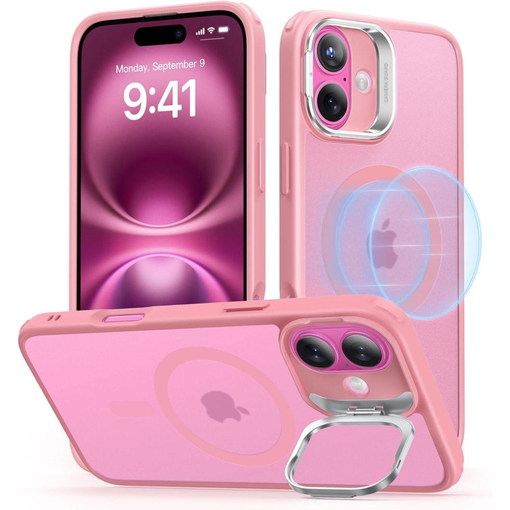 imageESR for iPhone 16 Plus Case Compatible with MilitaryGrade Protective Case Builtin Stash Stand Phone Case ScratchResistant Back Cover Classic Series Clear GreenCFrosted Pink
