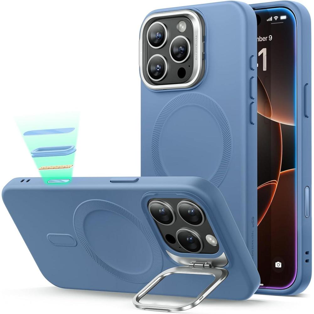 imageESR for iPhone 16 Pro Case Silicone Case with Stand Compatible with MagSafe MilitaryGrade Protection Builtin Camera Stash Stand Magnetic Phone Case for iPhone 16 Pro Cloud Series Light Blue