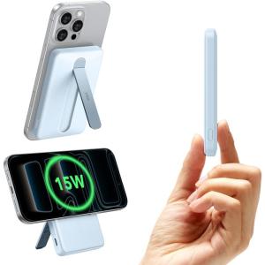 ESR for MagSafe Power Bank, 0.55 in Ultra-Compact 5,000mAh MagSafe Portable Charger,15W Ultra-Fast Battery Pack, 20W USB-C MagSlim Charger with Cable for iPhone 17/16/15/14/13/12,Lavender(15W Stand 5000mAh-Sky Blue)