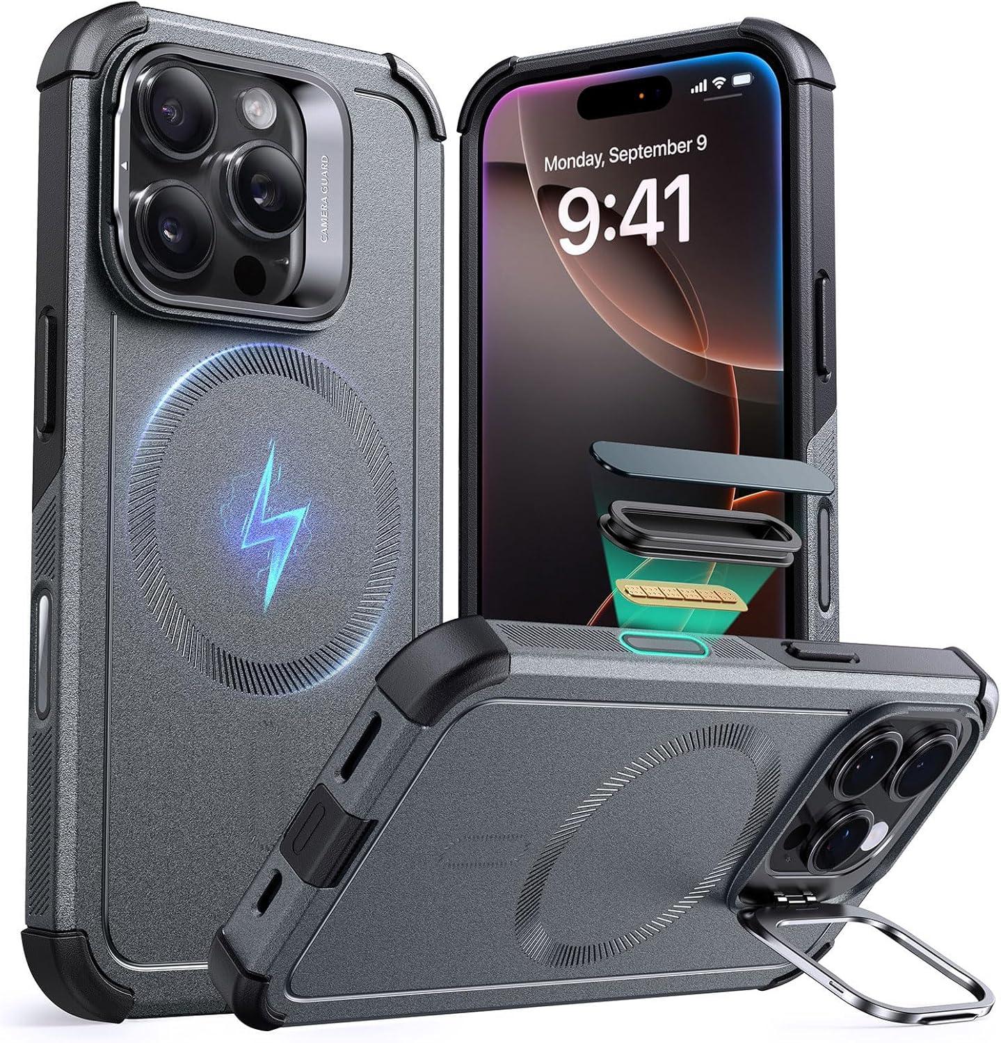 imageESR for iPhone 13 Pro Case with Stand 23 ft MilitaryGrade Drop Protection Heavy Duty Magnetic Phone Case Compatible with MagSafe Accessories Cyber Series BlackACamera ControlGrey