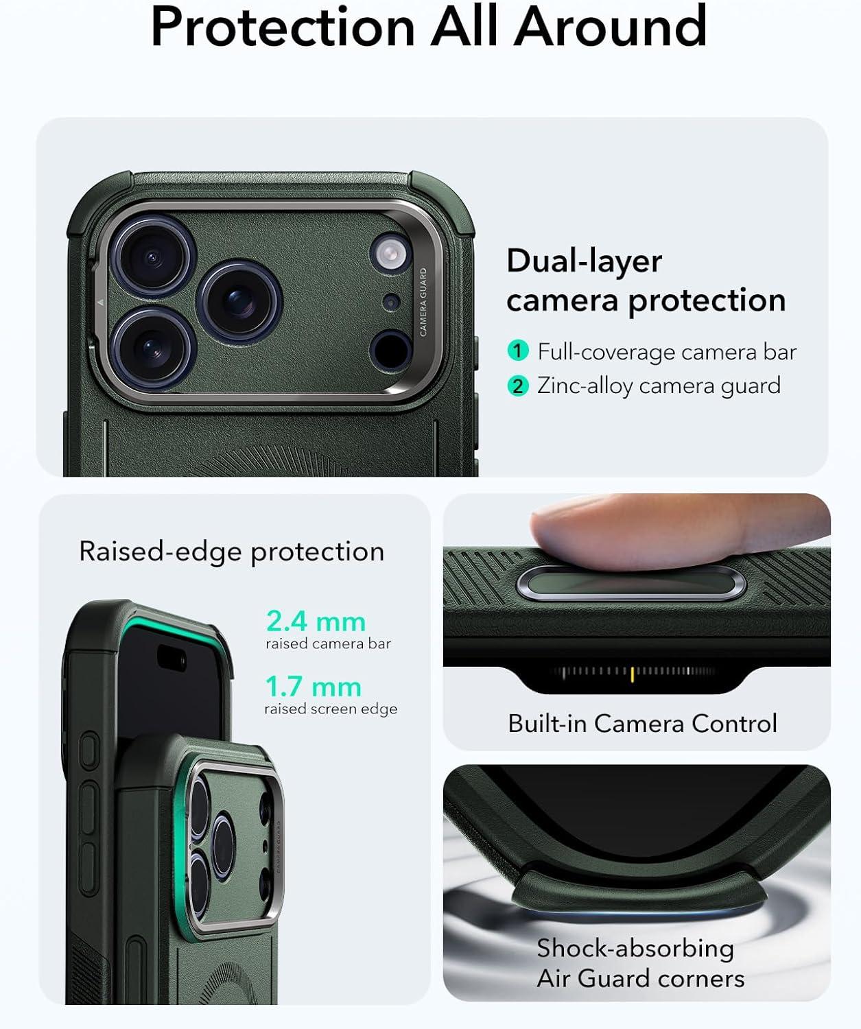 imageESR for iPhone 13 Pro Case with Stand 23 ft MilitaryGrade Drop Protection Heavy Duty Magnetic Phone Case Compatible with MagSafe Accessories Cyber Series BlackACamera ControlGreen