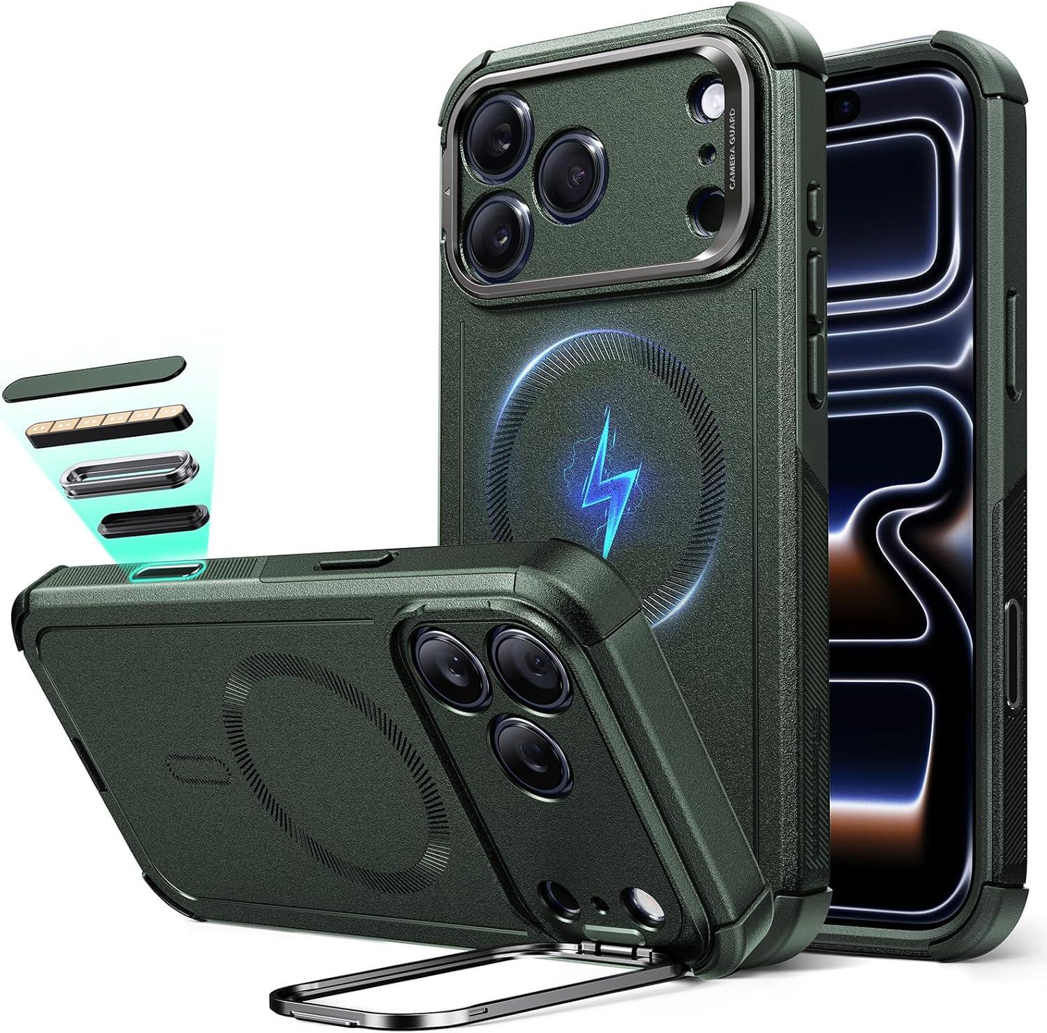 imageESR for iPhone 13 Pro Case with Stand 23 ft MilitaryGrade Drop Protection Heavy Duty Magnetic Phone Case Compatible with MagSafe Accessories Cyber Series BlackACamera ControlGreen