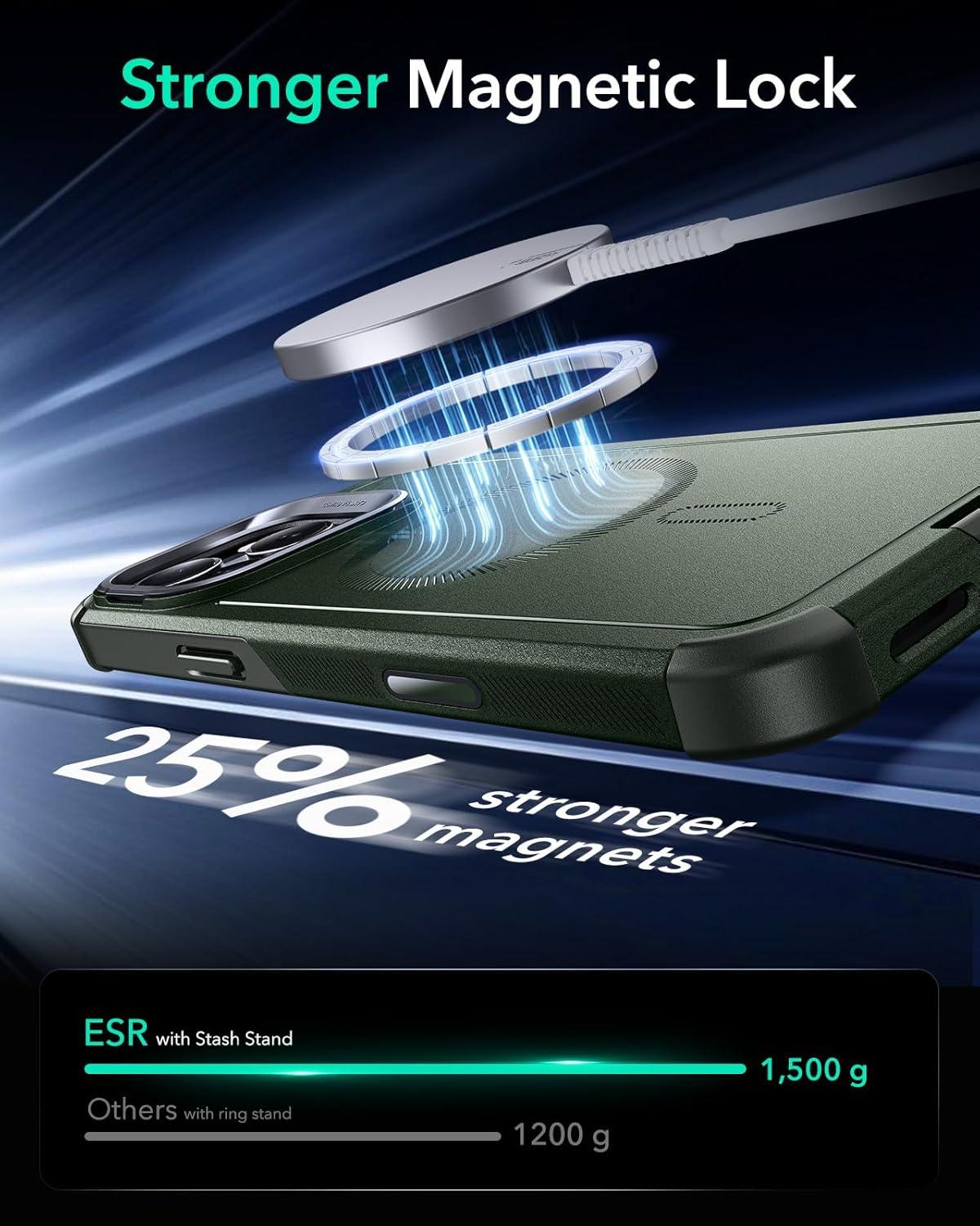 imageESR for iPhone 13 Pro Case with Stand 23 ft MilitaryGrade Drop Protection Heavy Duty Magnetic Phone Case Compatible with MagSafe Accessories Cyber Series BlackACamera ControlGreen