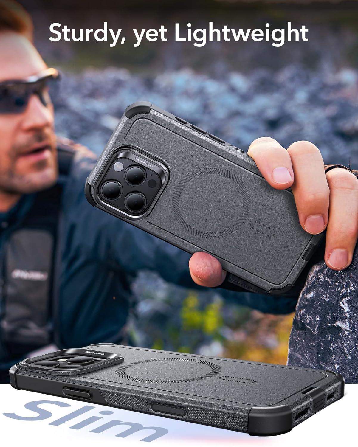 imageESR for iPhone 13 Pro Case with Stand 23 ft MilitaryGrade Drop Protection Heavy Duty Magnetic Phone Case Compatible with MagSafe Accessories Cyber Series BlackACamera ControlGrey