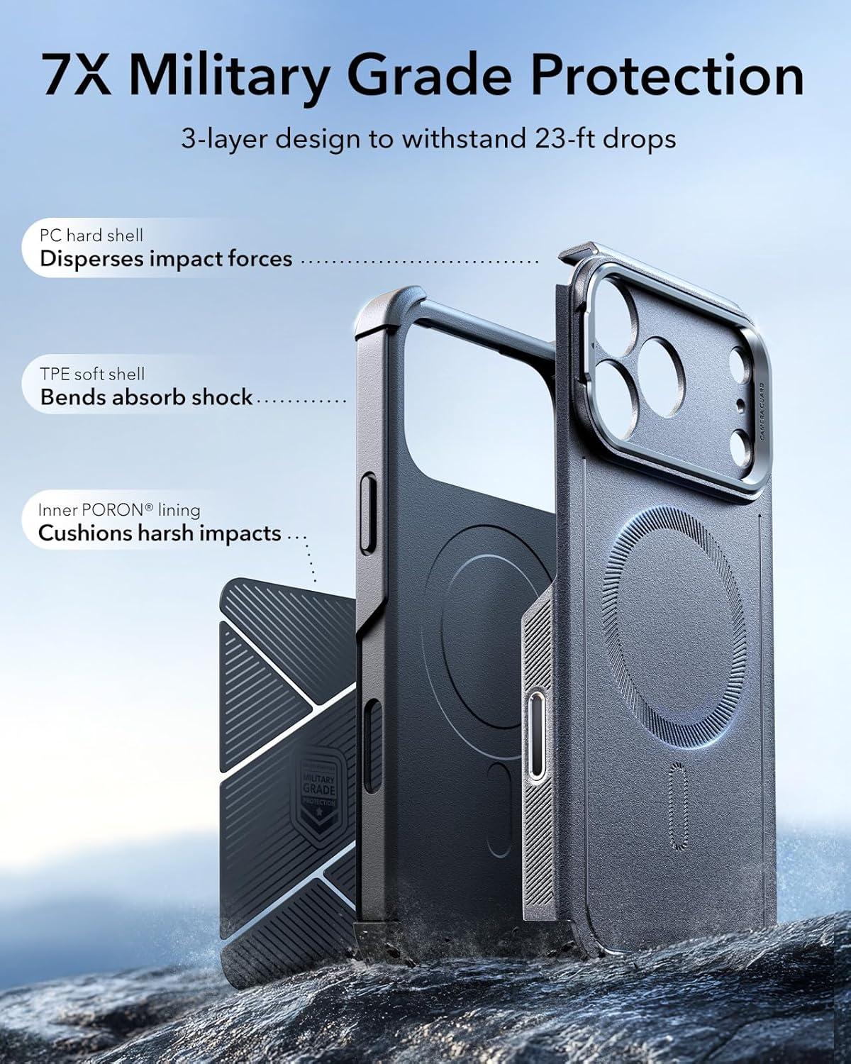 imageESR for iPhone 13 Pro Case with Stand 23 ft MilitaryGrade Drop Protection Heavy Duty Magnetic Phone Case Compatible with MagSafe Accessories Cyber Series BlackACamera ControlGrey