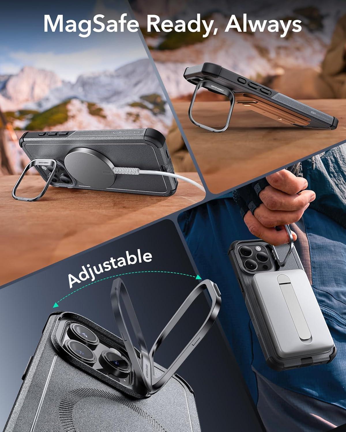 imageESR for iPhone 13 Pro Case with Stand 23 ft MilitaryGrade Drop Protection Heavy Duty Magnetic Phone Case Compatible with MagSafe Accessories Cyber Series BlackACamera ControlGrey