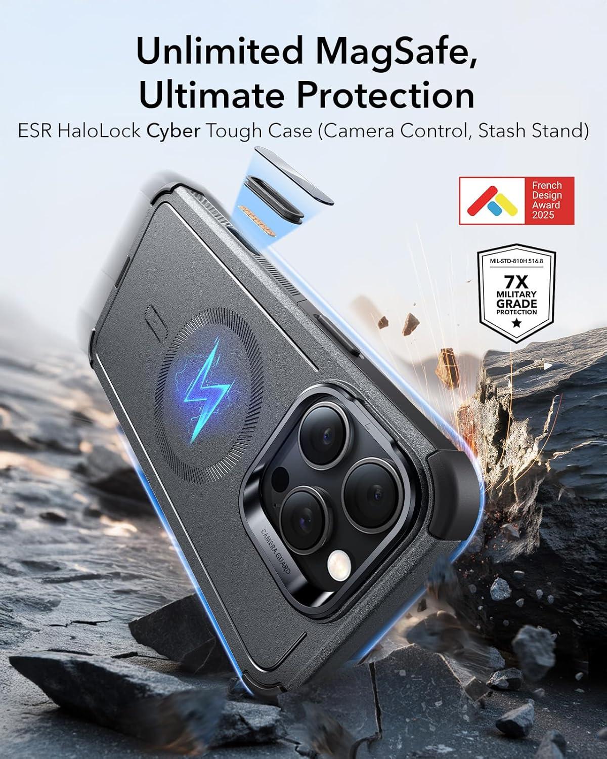 imageESR for iPhone 13 Pro Case with Stand 23 ft MilitaryGrade Drop Protection Heavy Duty Magnetic Phone Case Compatible with MagSafe Accessories Cyber Series BlackACamera ControlGrey