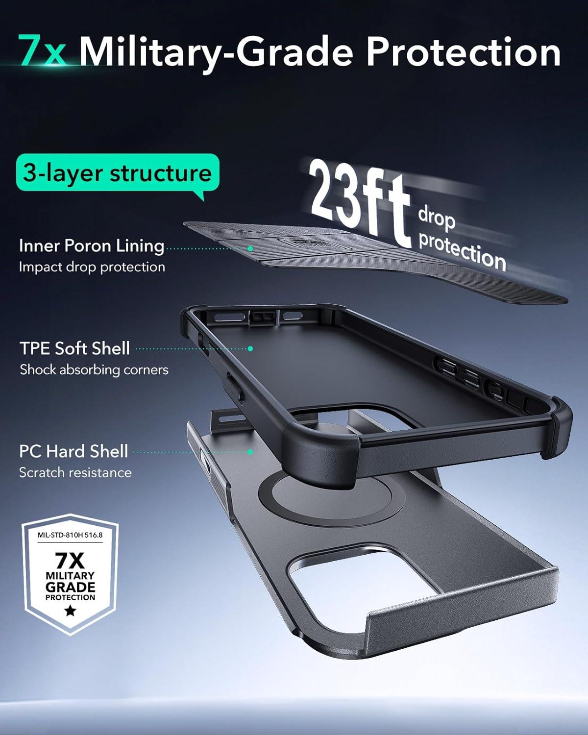 imageESR for iPhone 13 Pro Case with Stand 23 ft MilitaryGrade Drop Protection Heavy Duty Magnetic Phone Case Compatible with MagSafe Accessories Cyber Series BlackACamera ControlGrey