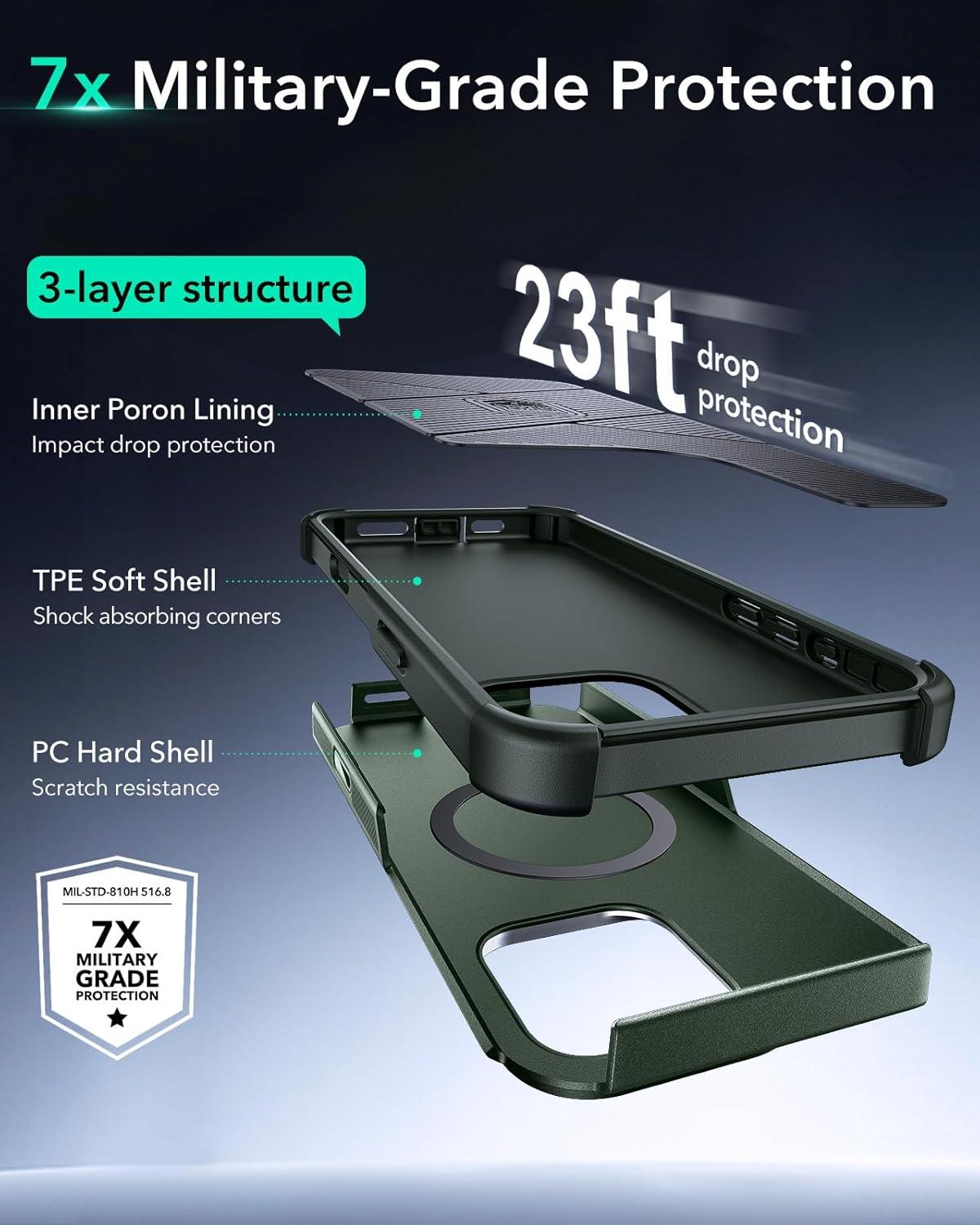 imageESR for iPhone 13 Pro Case with Stand 23 ft MilitaryGrade Drop Protection Heavy Duty Magnetic Phone Case Compatible with MagSafe Accessories Cyber Series BlackACamera ControlGreen