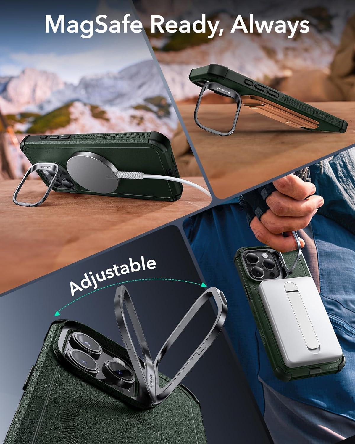 imageESR for iPhone 13 Pro Case with Stand 23 ft MilitaryGrade Drop Protection Heavy Duty Magnetic Phone Case Compatible with MagSafe Accessories Cyber Series BlackACamera ControlGreen