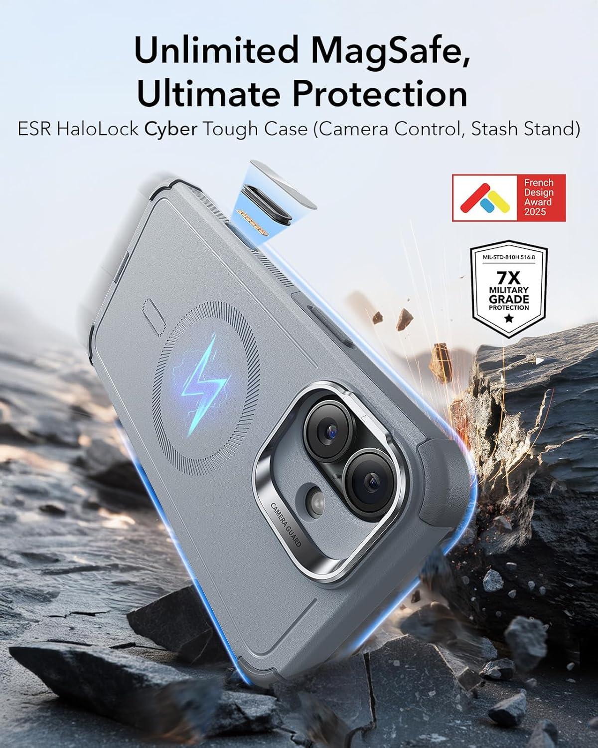 imageESR for iPhone 13 Pro Case with Stand 23 ft MilitaryGrade Drop Protection Heavy Duty Magnetic Phone Case Compatible with MagSafe Accessories Cyber Series BlackACamera ControlLight Grey