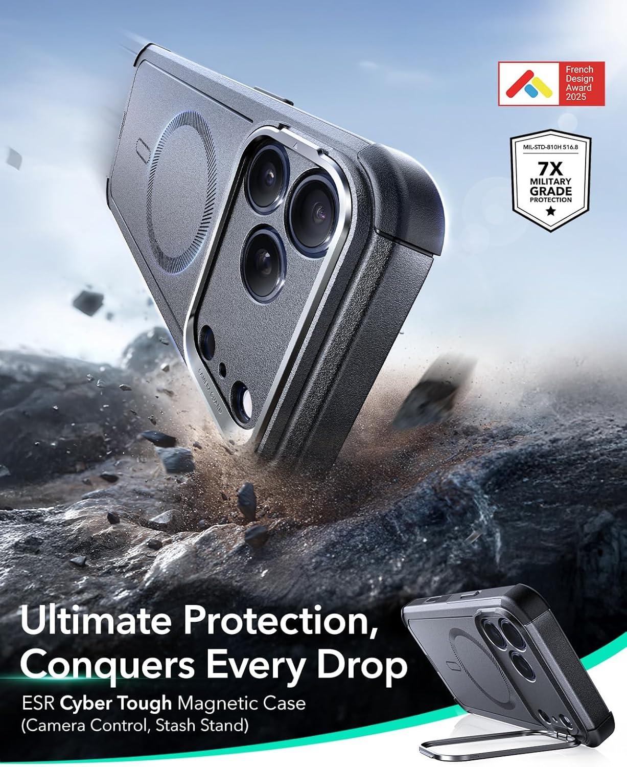 imageESR for iPhone 13 Pro Case with Stand 23 ft MilitaryGrade Drop Protection Heavy Duty Magnetic Phone Case Compatible with MagSafe Accessories Cyber Series BlackACamera ControlGrey