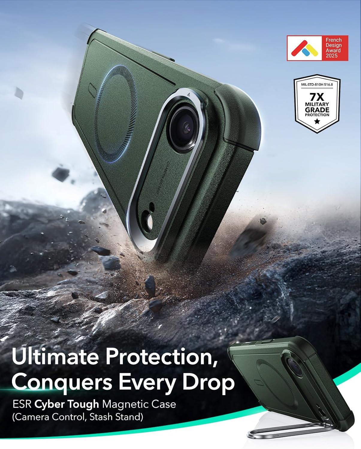 imageESR for iPhone 13 Pro Case with Stand 23 ft MilitaryGrade Drop Protection Heavy Duty Magnetic Phone Case Compatible with MagSafe Accessories Cyber Series BlackACamera ControlGreen