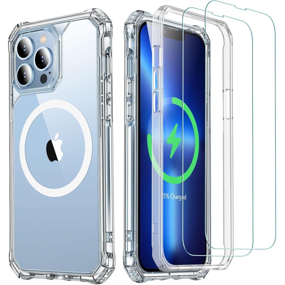 imageESR Air Armor 360 Tough Case with HaloLock Compatible with Phone 67Inch 2021 Magnetic Wireless Charging Tough Drop FullBody Protection with 2Pack TemperedGlass Screen Protectors Clear