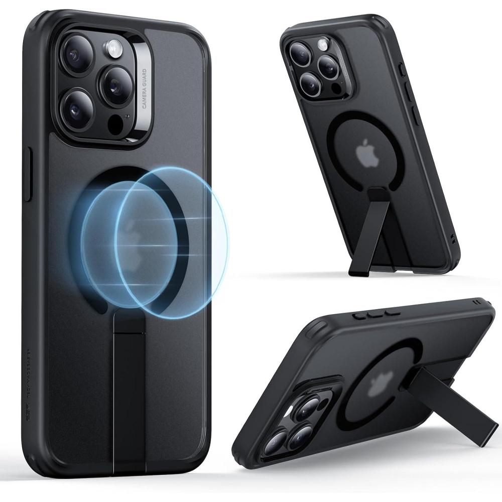 imageESR Patented Metal Kickstand Case Compatible with iPhone 13 Pro Max Two Ways to Tilt Reinforced Drop Protection Slim and Soft Case TransparentMagsafe Frosted Black