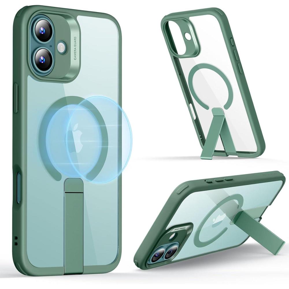 imageESR Patented Metal Kickstand Case Compatible with iPhone 13 Pro Max Two Ways to Tilt Reinforced Drop Protection Slim and Soft Case TransparentMagsafe Clear Green