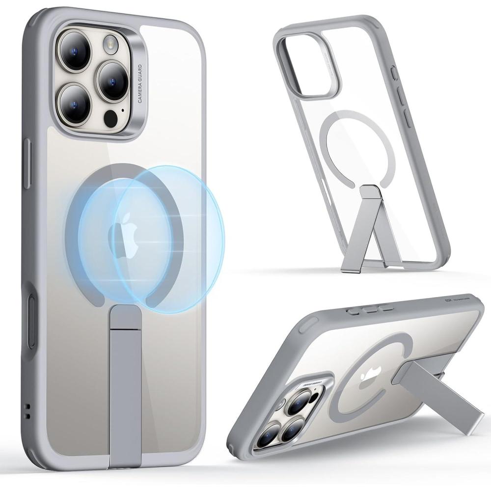 imageESR Patented Metal Kickstand Case Compatible with iPhone 13 Pro Max Two Ways to Tilt Reinforced Drop Protection Slim and Soft Case TransparentMagsafe Clear Grey