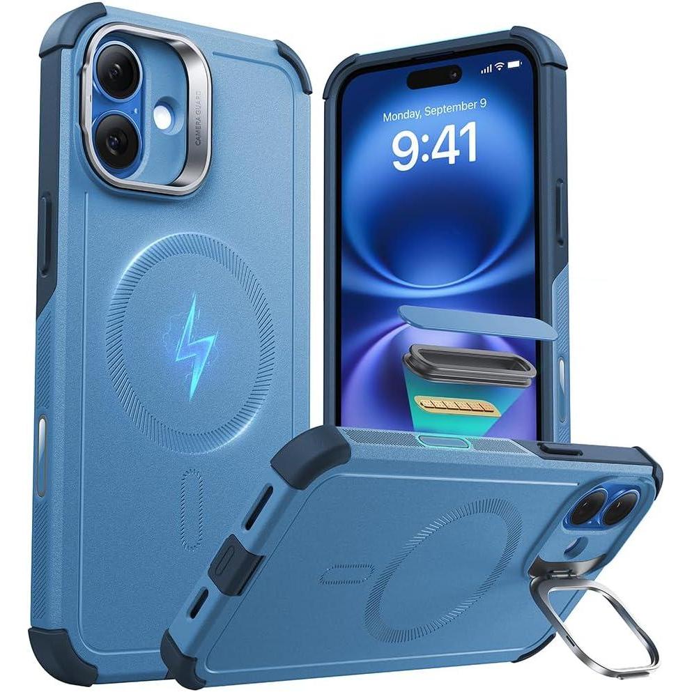 imageESR for iPhone 13 Pro Case with Stand 23 ft MilitaryGrade Drop Protection Heavy Duty Magnetic Phone Case Compatible with MagSafe Accessories Cyber Series BlackACamera ControlLight Blue