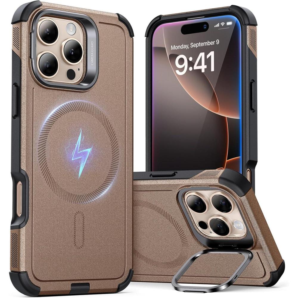 imageESR for iPhone 13 Pro Case with Stand 23 ft MilitaryGrade Drop Protection Heavy Duty Magnetic Phone Case Compatible with MagSafe Accessories Cyber Series BlackMagnetic StandGold