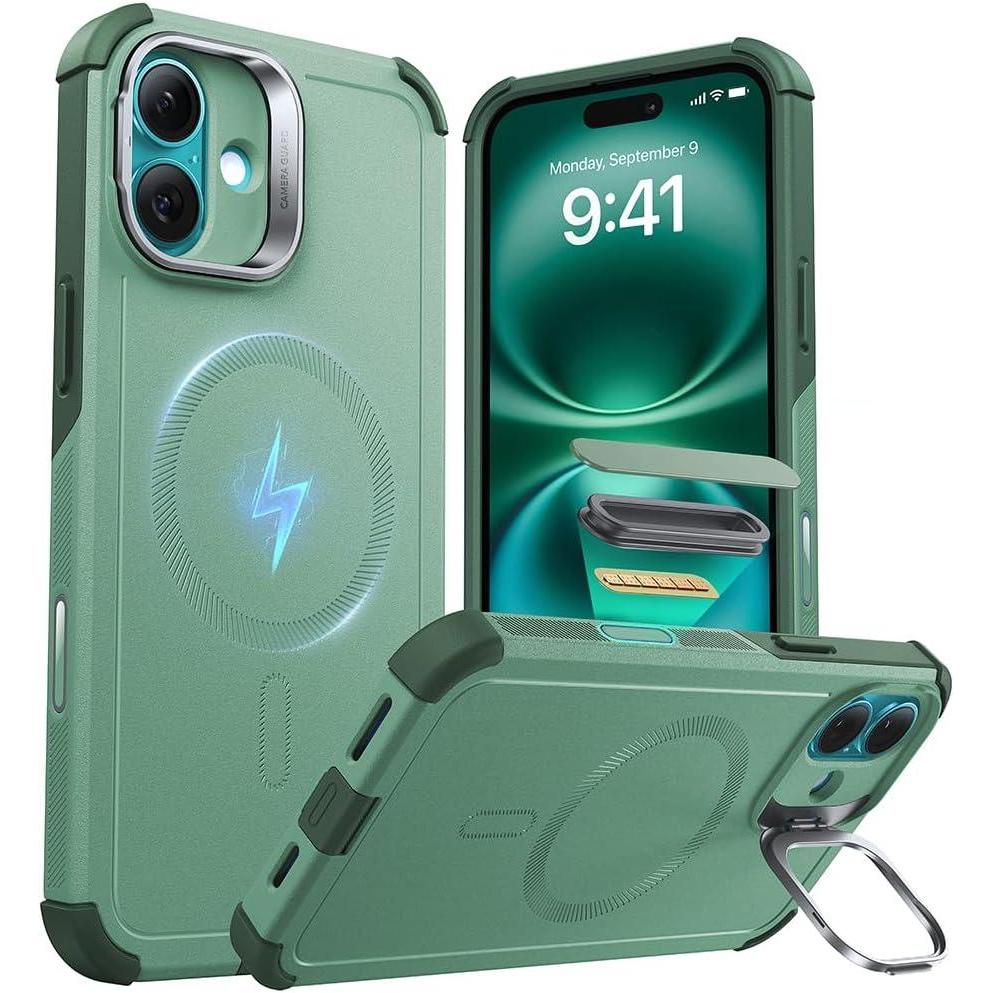imageESR for iPhone 13 Pro Case with Stand 23 ft MilitaryGrade Drop Protection Heavy Duty Magnetic Phone Case Compatible with MagSafe Accessories Cyber Series BlackACamera ControlLight Green
