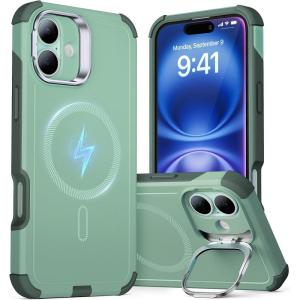 ESR for iPhone 13 Pro Case with Stand, 23 ft Military-Grade Drop Protection Heavy Duty Magnetic Phone Case, Compatible with MagSafe Accessories, Cyber Series, Black(Magnetic Stand-Light Green)