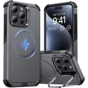 ESR for iPhone 13 Pro Case with Stand, 23 ft Military-Grade Drop Protection Heavy Duty Magnetic Phone Case, Compatible with MagSafe Accessories, Cyber Series, Black(Magnetic Stand-Grey)