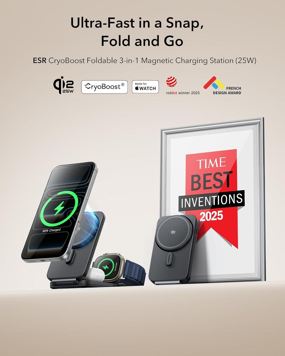 imageESR Qi22 Certified 25W MagSafe Car Mount Charger with 3 in 1 Charging Station Phone Cooling MagSafe Car Charger 360 Rotatable PhoneCooling Wireless Charging Station Foldable