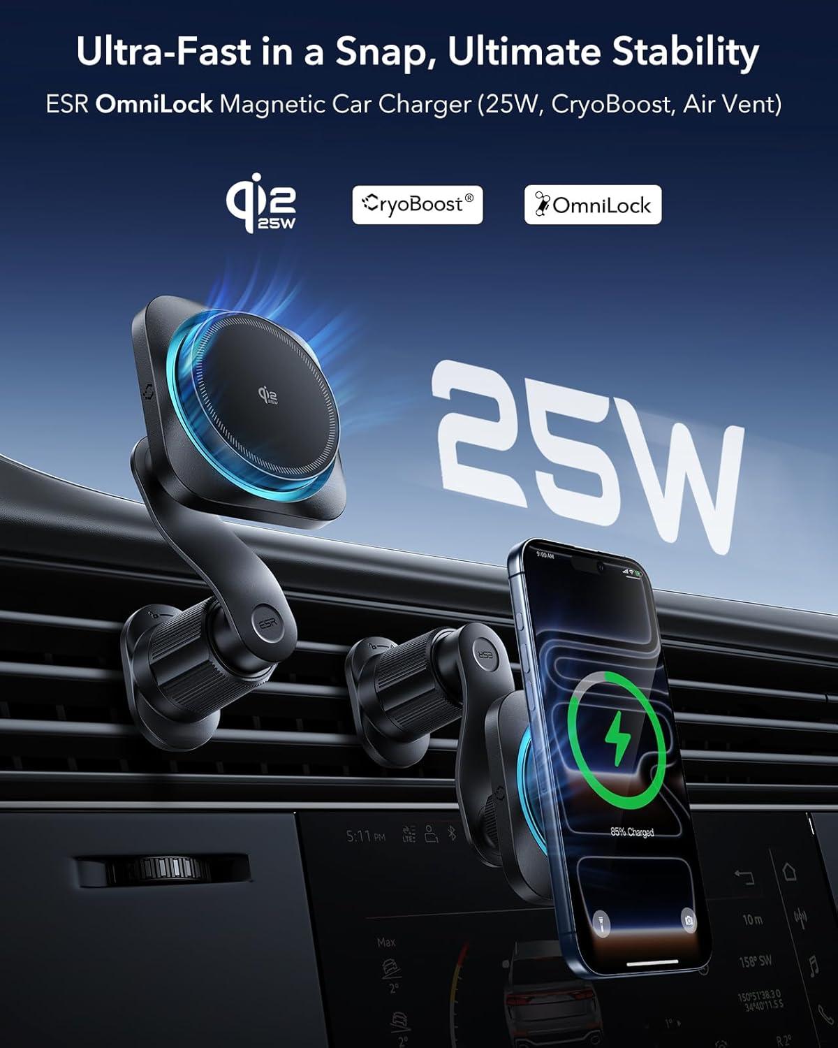 imageESR Qi22 Certified 25W MagSafe Car Mount Charger with 3 in 1 Charging Station Phone Cooling MagSafe Car Charger 360 Rotatable PhoneCooling Wireless Charging Station Foldable