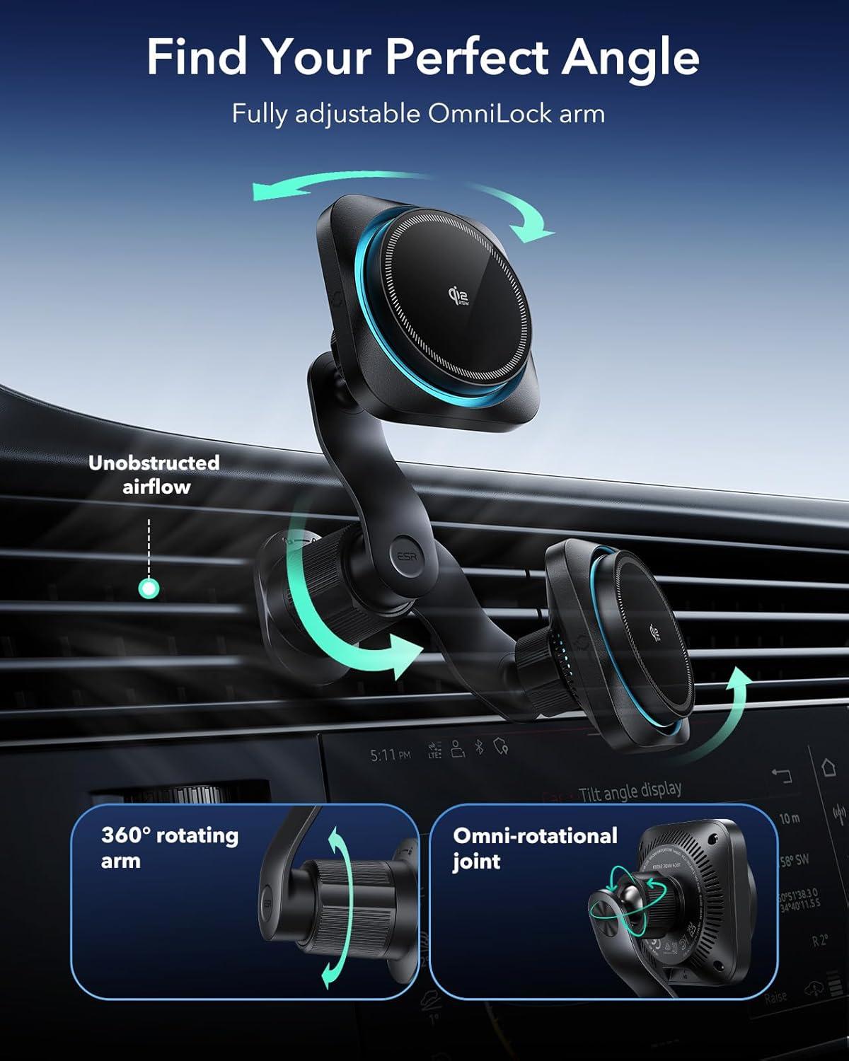 imageESR Qi22 Certified 25W MagSafe Car Mount Charger with 3 in 1 Charging Station Phone Cooling MagSafe Car Charger 360 Rotatable PhoneCooling Wireless Charging Station Foldable