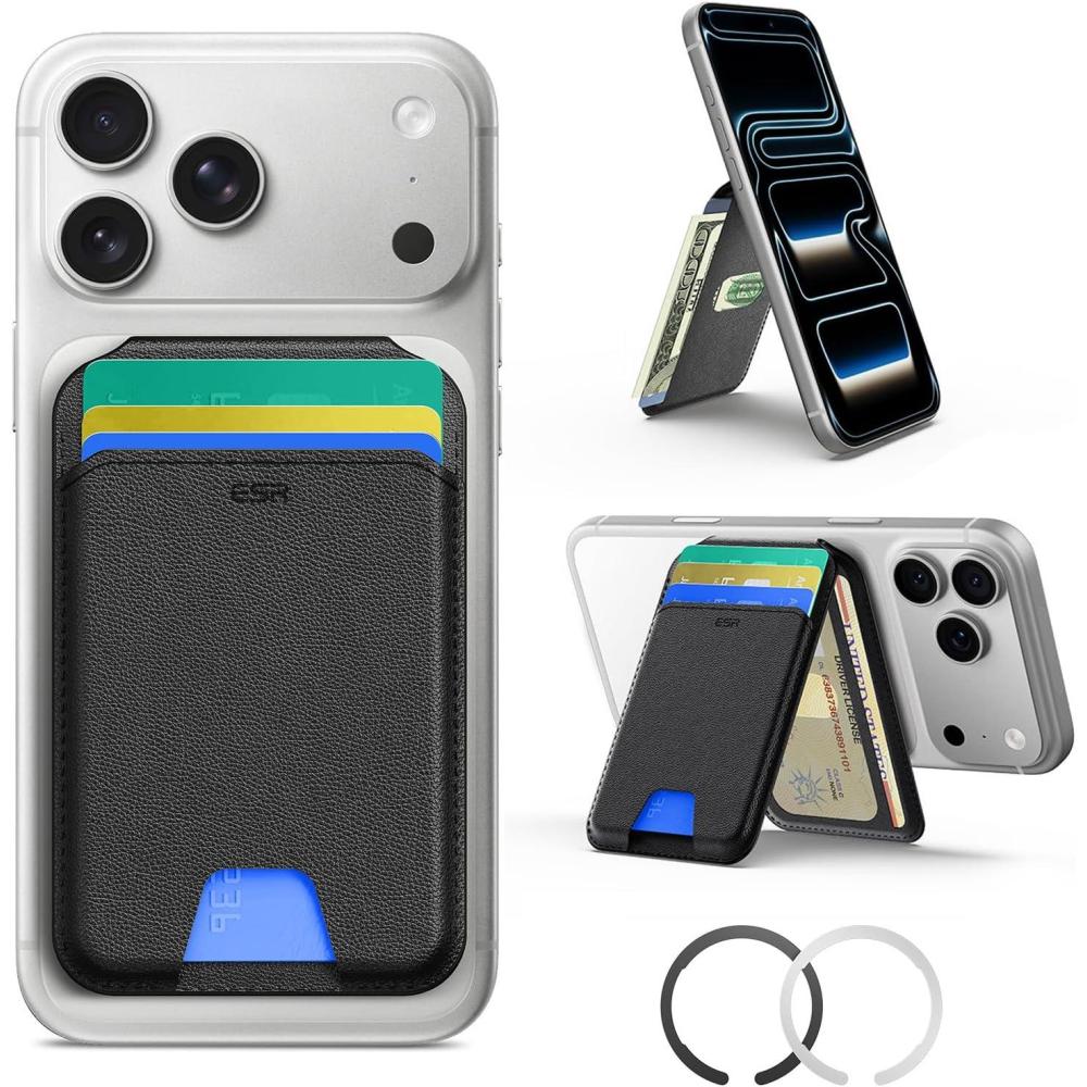 imageESR Magnetic Wallet Compatible with MagSafe Wallet with Adjustable Stand for iPhone 171615141312 Series Not for iPhone 1312 mini 3 Card Holder Vegan Leather BlackA3 Cards  Stand Black